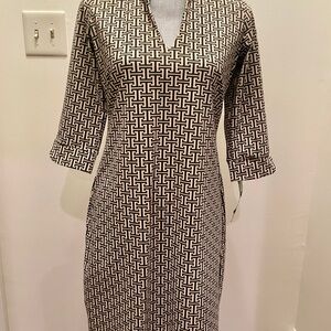 Katherine Way Tan and Black Sheath Dress with Cuffed 3/4 Sleeves